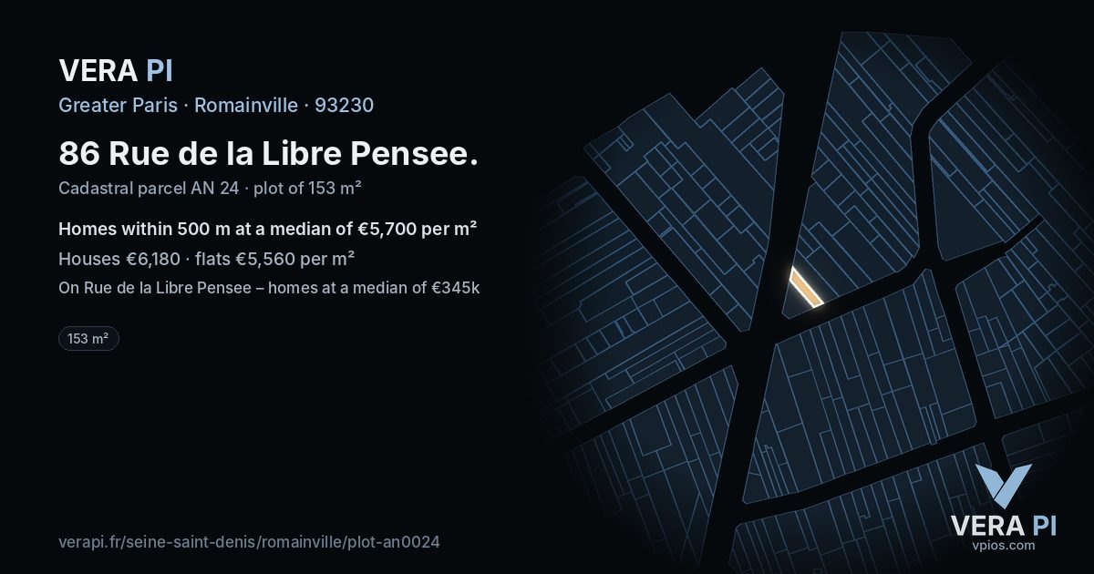 86 Rue de la Libre Pensee, Romainville at night – the plot lit, the parcels around coloured by the prices near them
