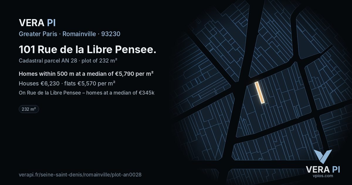 101 Rue de la Libre Pensee, Romainville at night – the plot lit, the parcels around coloured by the prices near them