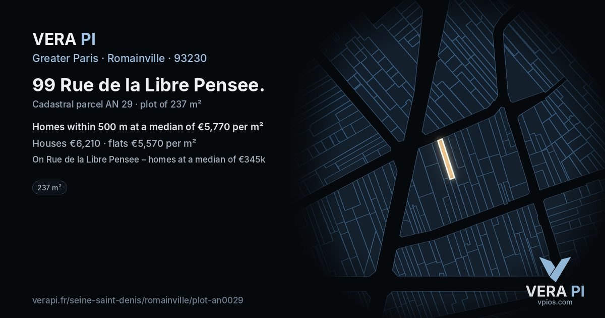 99 Rue de la Libre Pensee, Romainville at night – the plot lit, the parcels around coloured by the prices near them