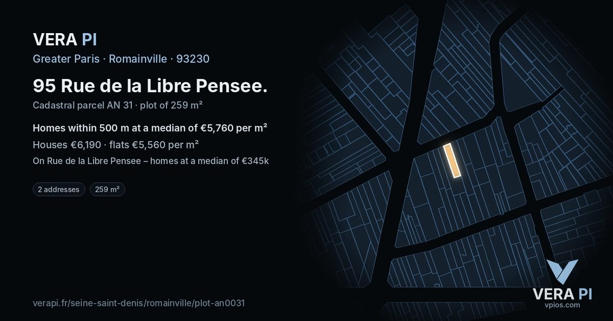95 Rue de la Libre Pensee, Romainville at night – the plot lit, the parcels around coloured by the prices near them
