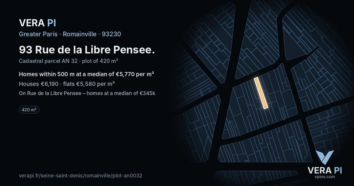 93 Rue de la Libre Pensee, Romainville at night – the plot lit, the parcels around coloured by the prices near them