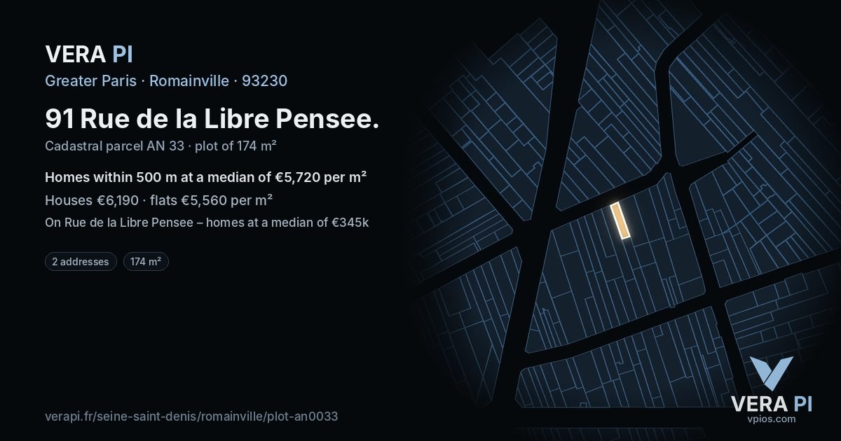 91 Rue de la Libre Pensee, Romainville at night – the plot lit, the parcels around coloured by the prices near them