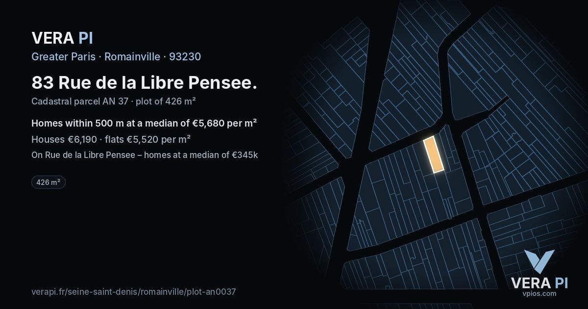 83 Rue de la Libre Pensee, Romainville at night – the plot lit, the parcels around coloured by the prices near them