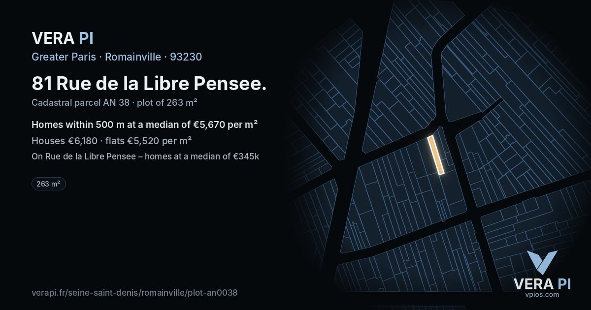 81 Rue de la Libre Pensee, Romainville at night – the plot lit, the parcels around coloured by the prices near them
