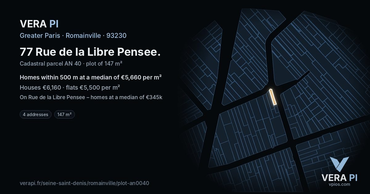 77 Rue de la Libre Pensee, Romainville at night – the plot lit, the parcels around coloured by the prices near them