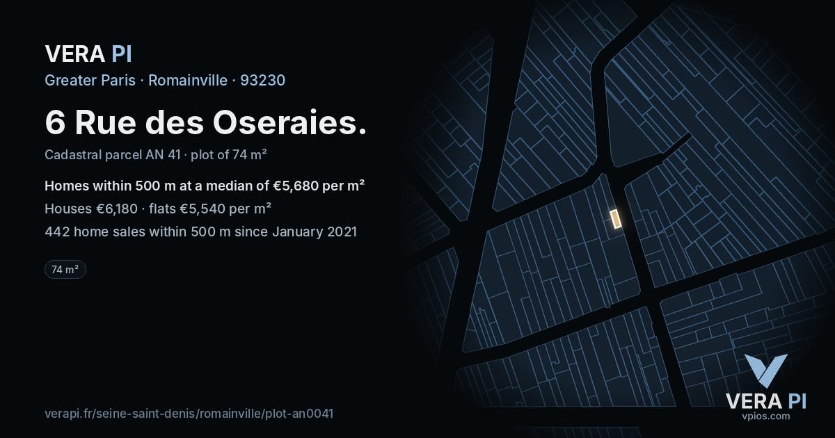 6 Rue des Oseraies, Romainville at night – the plot lit, the parcels around coloured by the prices near them
