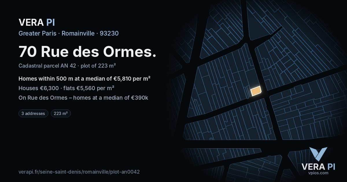 70 Rue des Ormes, Romainville at night – the plot lit, the parcels around coloured by the prices near them