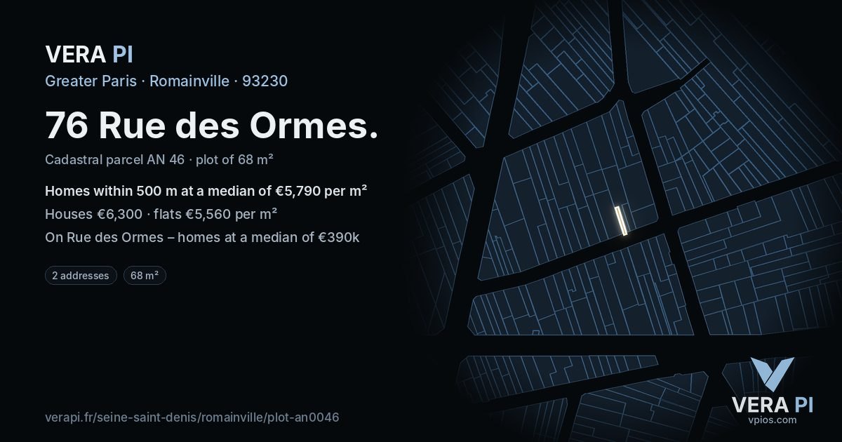 76 Rue des Ormes, Romainville at night – the plot lit, the parcels around coloured by the prices near them