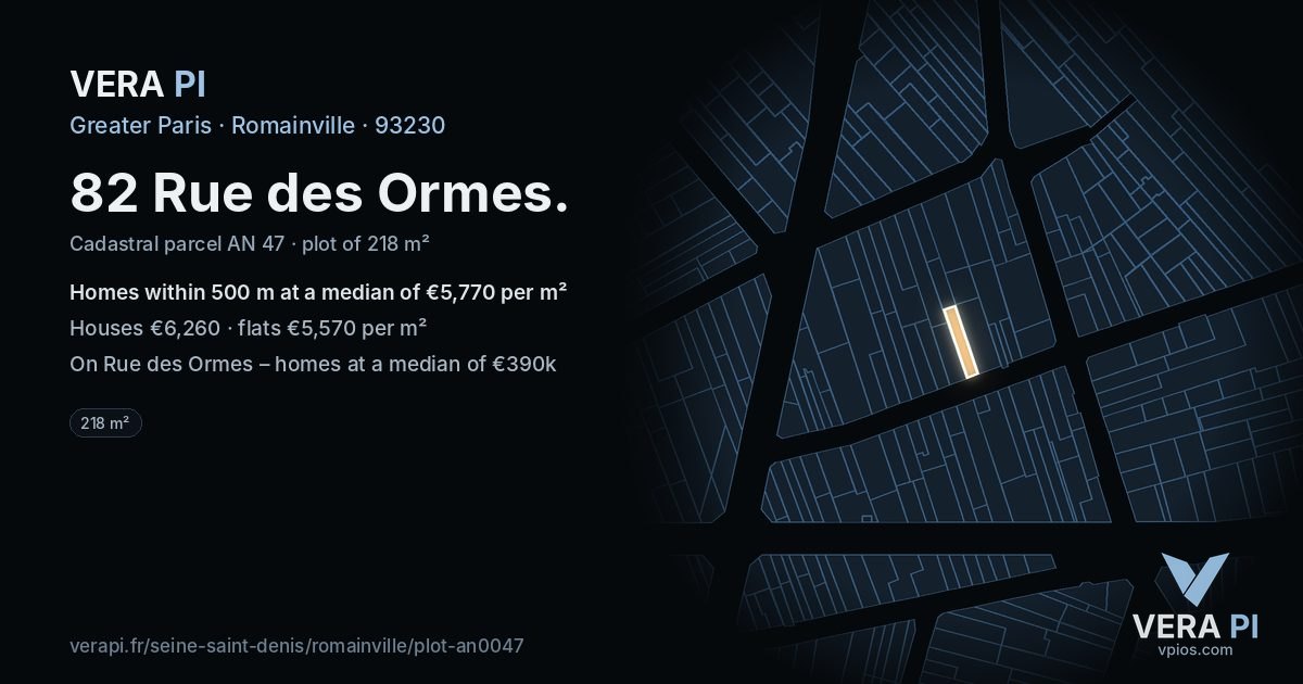 82 Rue des Ormes, Romainville at night – the plot lit, the parcels around coloured by the prices near them