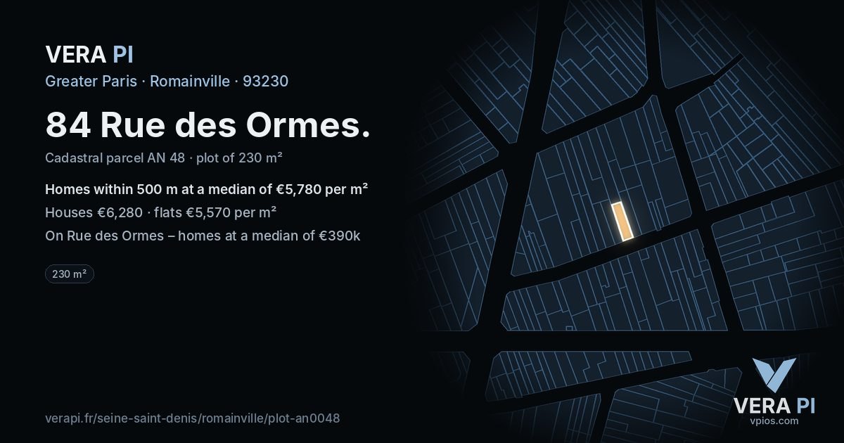 84 Rue des Ormes, Romainville at night – the plot lit, the parcels around coloured by the prices near them