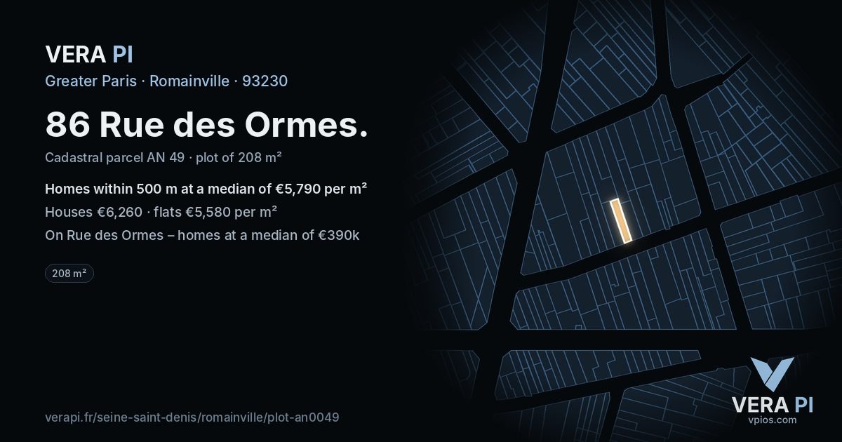 86 Rue des Ormes, Romainville at night – the plot lit, the parcels around coloured by the prices near them