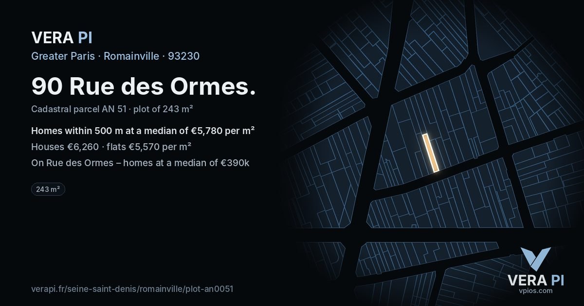 90 Rue des Ormes, Romainville at night – the plot lit, the parcels around coloured by the prices near them