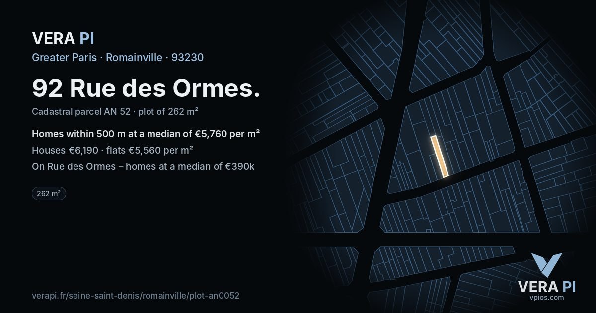 92 Rue des Ormes, Romainville at night – the plot lit, the parcels around coloured by the prices near them