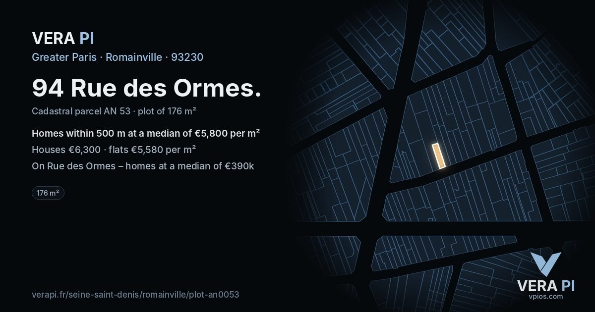 94 Rue des Ormes, Romainville at night – the plot lit, the parcels around coloured by the prices near them