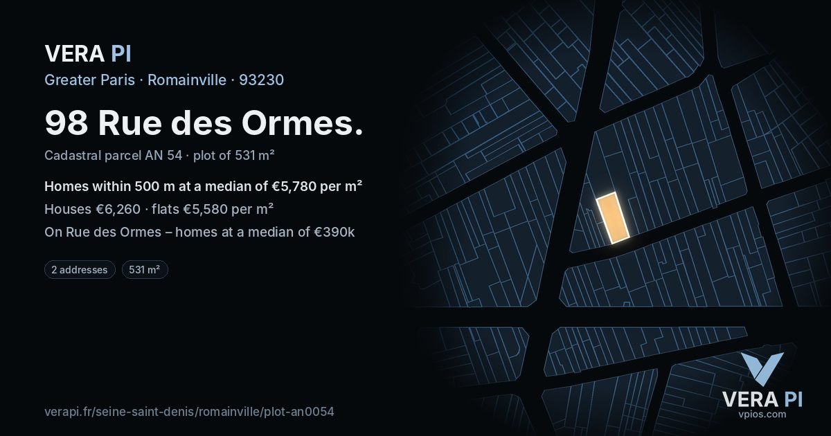 98 Rue des Ormes, Romainville at night – the plot lit, the parcels around coloured by the prices near them