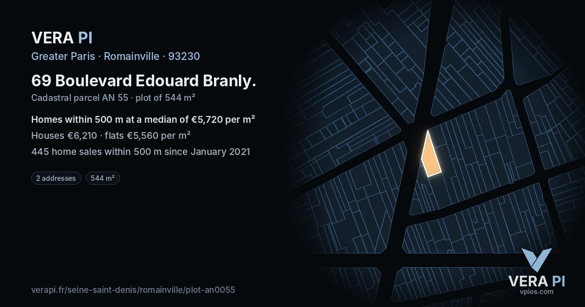 69 Boulevard Edouard Branly, Romainville at night – the plot lit, the parcels around coloured by the prices near them