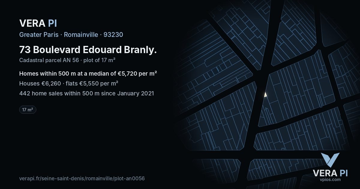73 Boulevard Edouard Branly, Romainville at night – the plot lit, the parcels around coloured by the prices near them