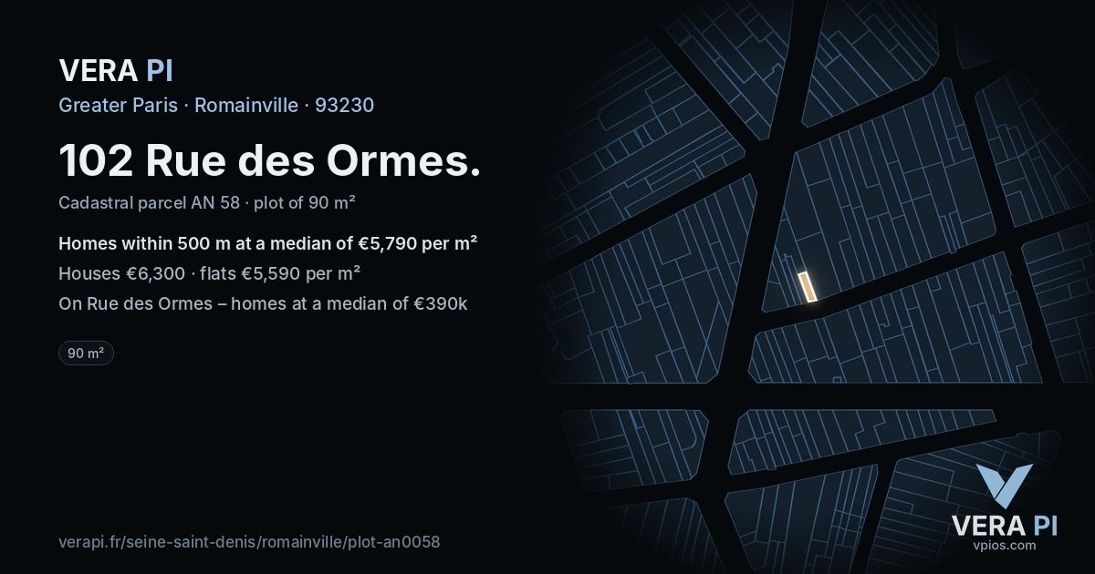 102 Rue des Ormes, Romainville at night – the plot lit, the parcels around coloured by the prices near them