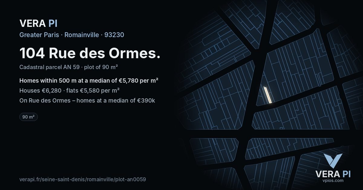 104 Rue des Ormes, Romainville at night – the plot lit, the parcels around coloured by the prices near them