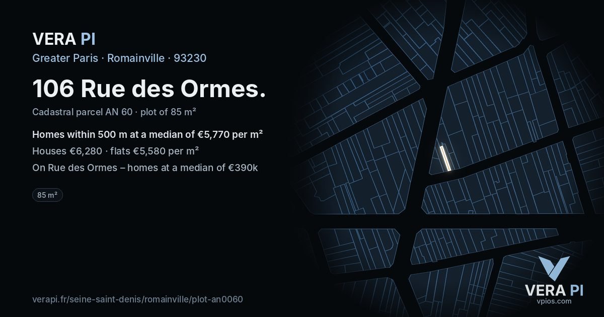 106 Rue des Ormes, Romainville at night – the plot lit, the parcels around coloured by the prices near them