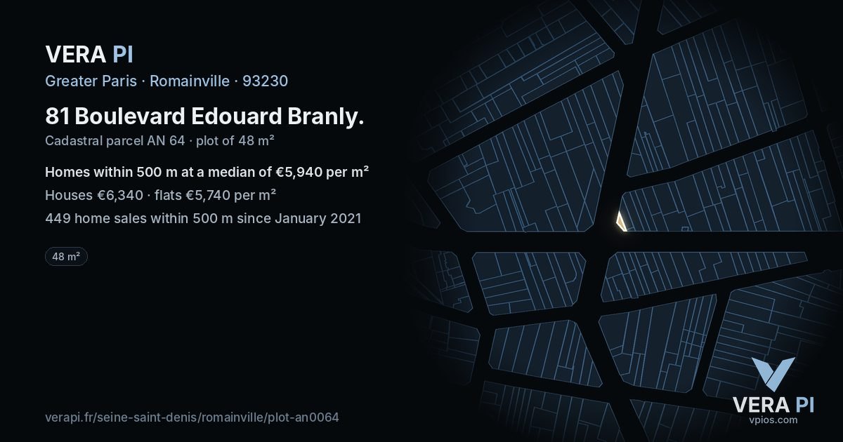 81 Boulevard Edouard Branly, Romainville at night – the plot lit, the parcels around coloured by the prices near them