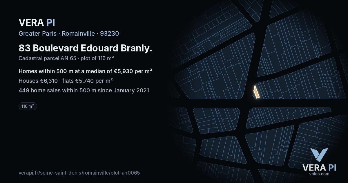 83 Boulevard Edouard Branly, Romainville at night – the plot lit, the parcels around coloured by the prices near them
