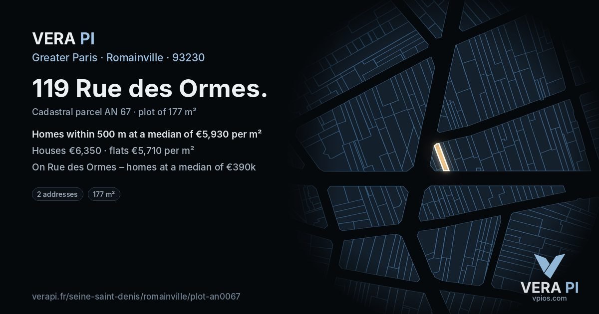 119 Rue des Ormes, Romainville at night – the plot lit, the parcels around coloured by the prices near them