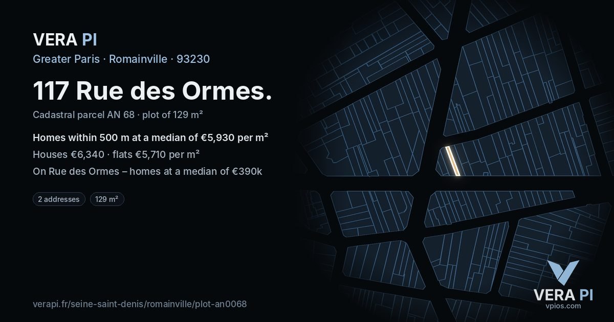 117 Rue des Ormes, Romainville at night – the plot lit, the parcels around coloured by the prices near them