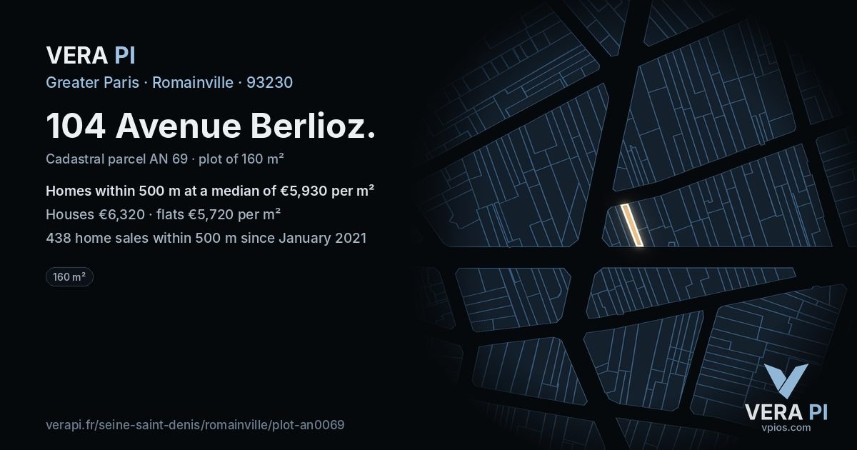 104 Avenue Berlioz, Romainville at night – the plot lit, the parcels around coloured by the prices near them