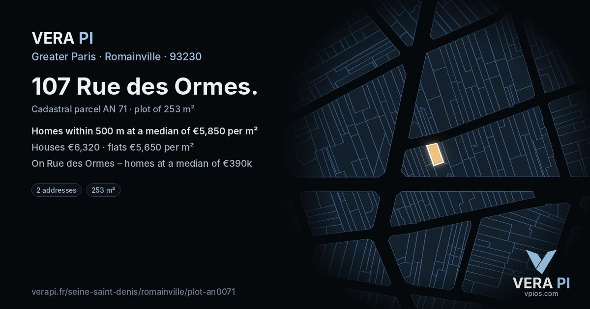 107 Rue des Ormes, Romainville at night – the plot lit, the parcels around coloured by the prices near them