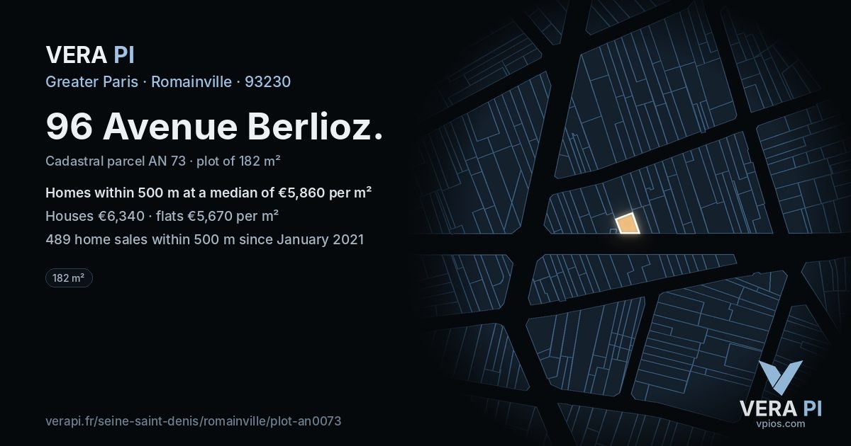 96 Avenue Berlioz, Romainville at night – the plot lit, the parcels around coloured by the prices near them