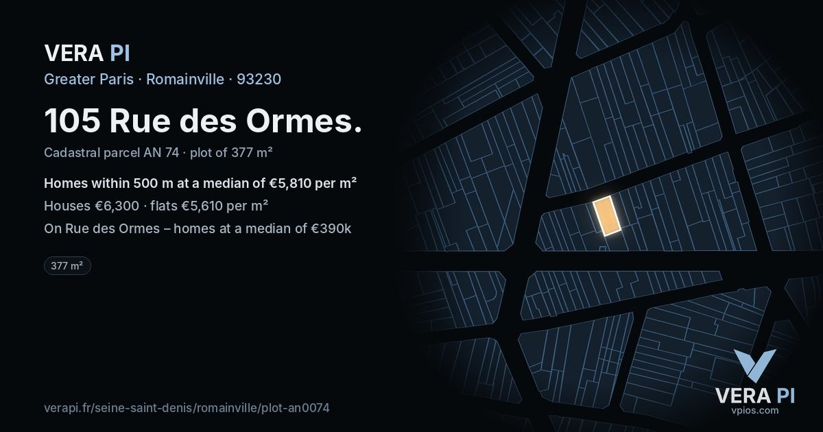 105 Rue des Ormes, Romainville at night – the plot lit, the parcels around coloured by the prices near them
