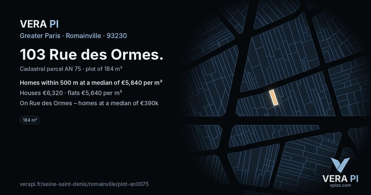 103 Rue des Ormes, Romainville at night – the plot lit, the parcels around coloured by the prices near them