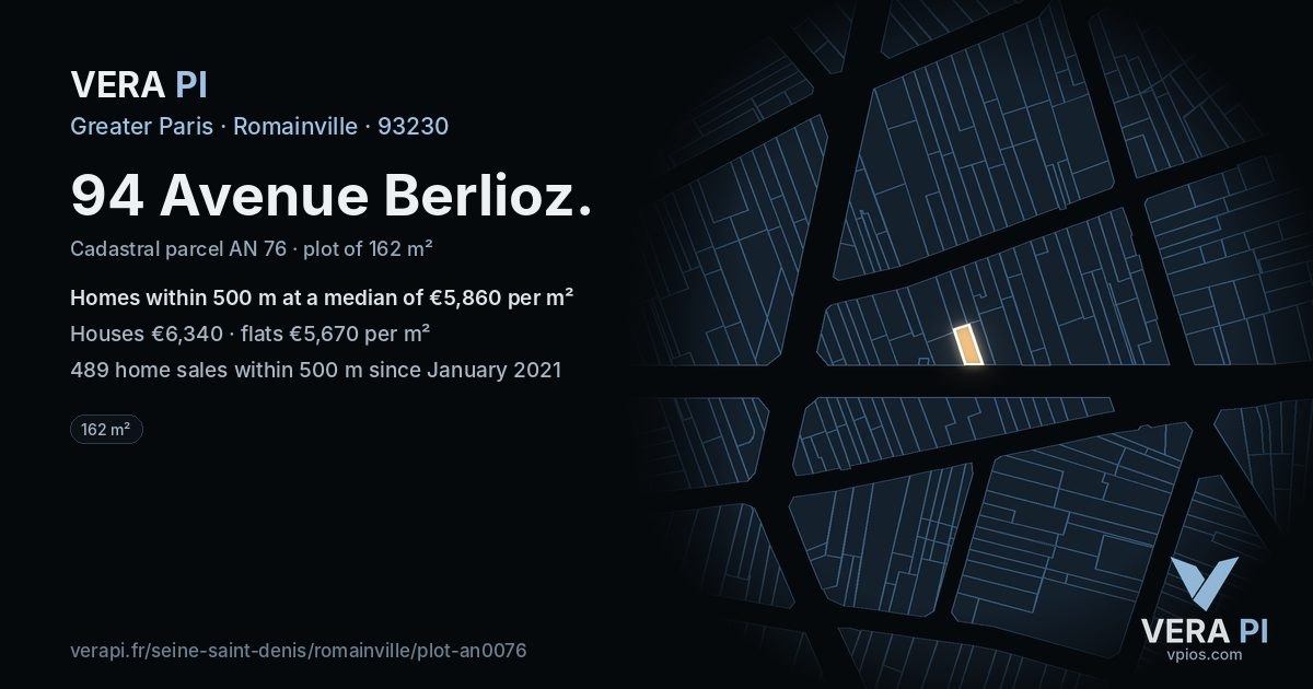 94 Avenue Berlioz, Romainville at night – the plot lit, the parcels around coloured by the prices near them