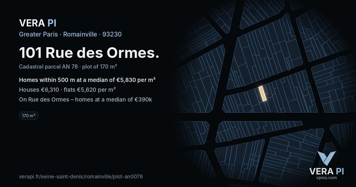 101 Rue des Ormes, Romainville at night – the plot lit, the parcels around coloured by the prices near them