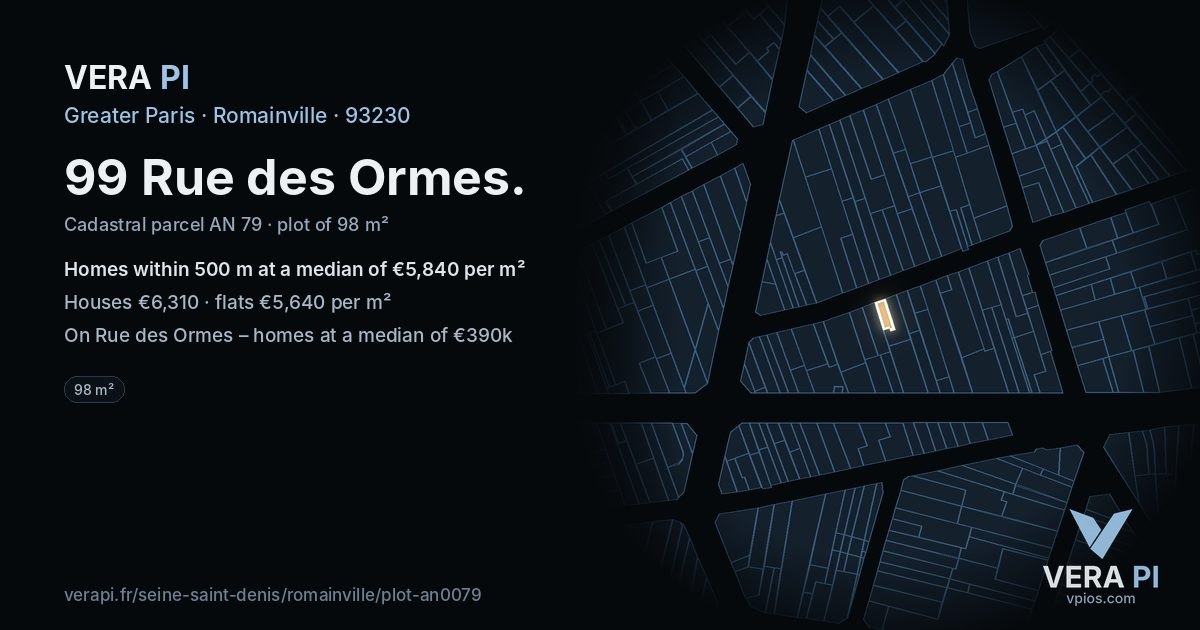 99 Rue des Ormes, Romainville at night – the plot lit, the parcels around coloured by the prices near them