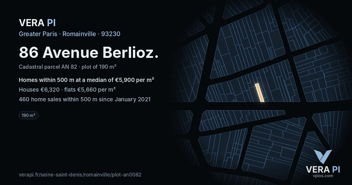 86 Avenue Berlioz, Romainville at night – the plot lit, the parcels around coloured by the prices near them