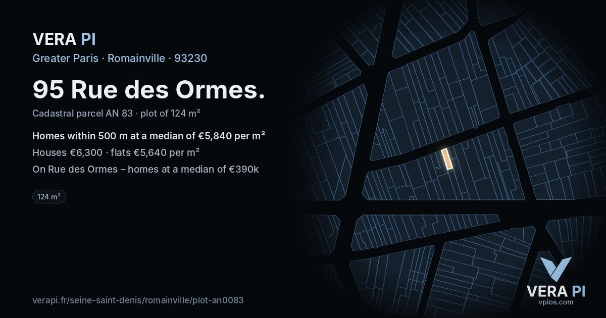 95 Rue des Ormes, Romainville at night – the plot lit, the parcels around coloured by the prices near them