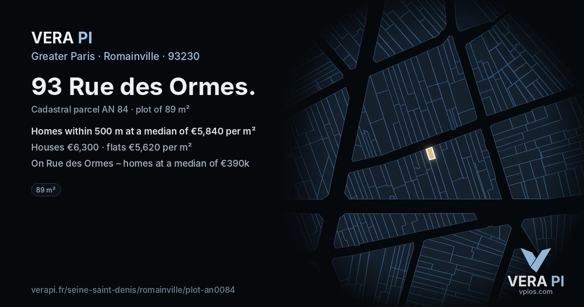 93 Rue des Ormes, Romainville at night – the plot lit, the parcels around coloured by the prices near them