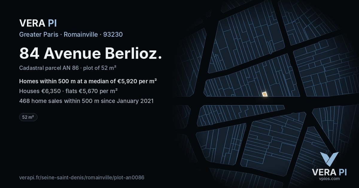 84 Avenue Berlioz, Romainville at night – the plot lit, the parcels around coloured by the prices near them