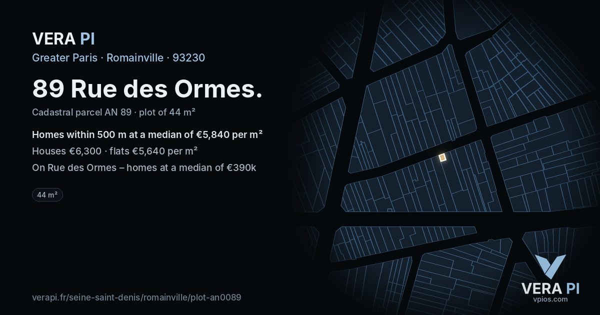 89 Rue des Ormes, Romainville at night – the plot lit, the parcels around coloured by the prices near them