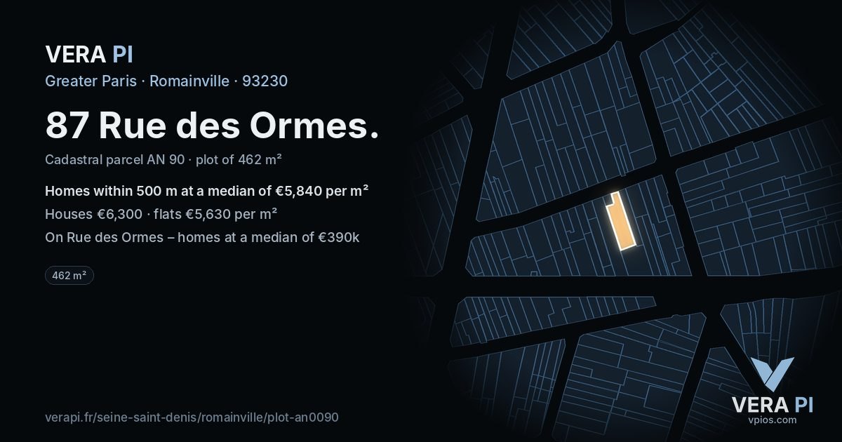 87 Rue des Ormes, Romainville at night – the plot lit, the parcels around coloured by the prices near them