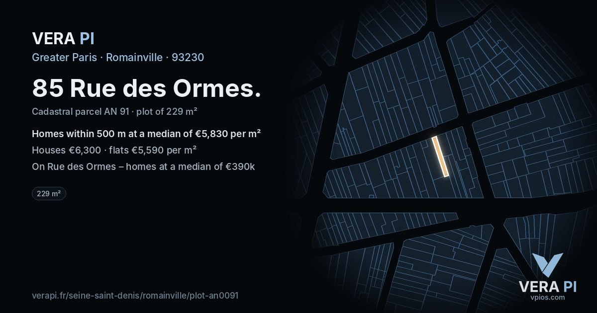 85 Rue des Ormes, Romainville at night – the plot lit, the parcels around coloured by the prices near them