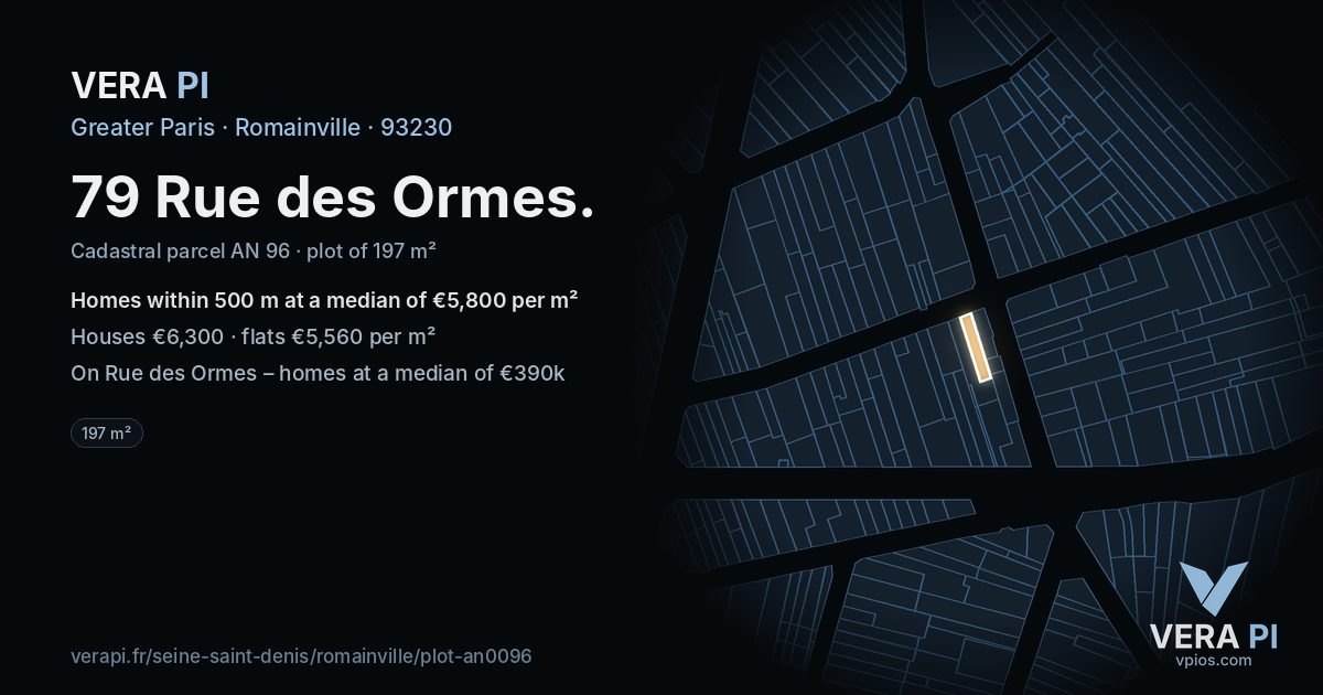 79 Rue des Ormes, Romainville at night – the plot lit, the parcels around coloured by the prices near them