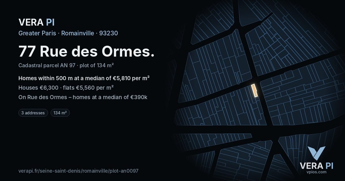 77 Rue des Ormes, Romainville at night – the plot lit, the parcels around coloured by the prices near them