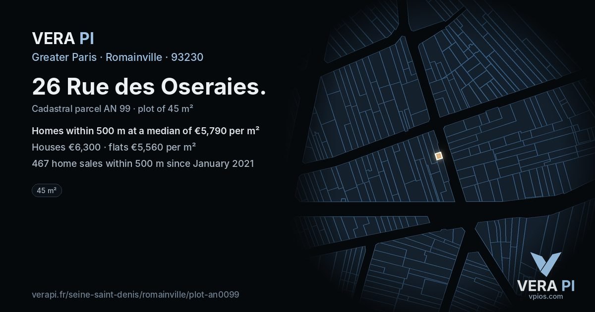 26 Rue des Oseraies, Romainville at night – the plot lit, the parcels around coloured by the prices near them