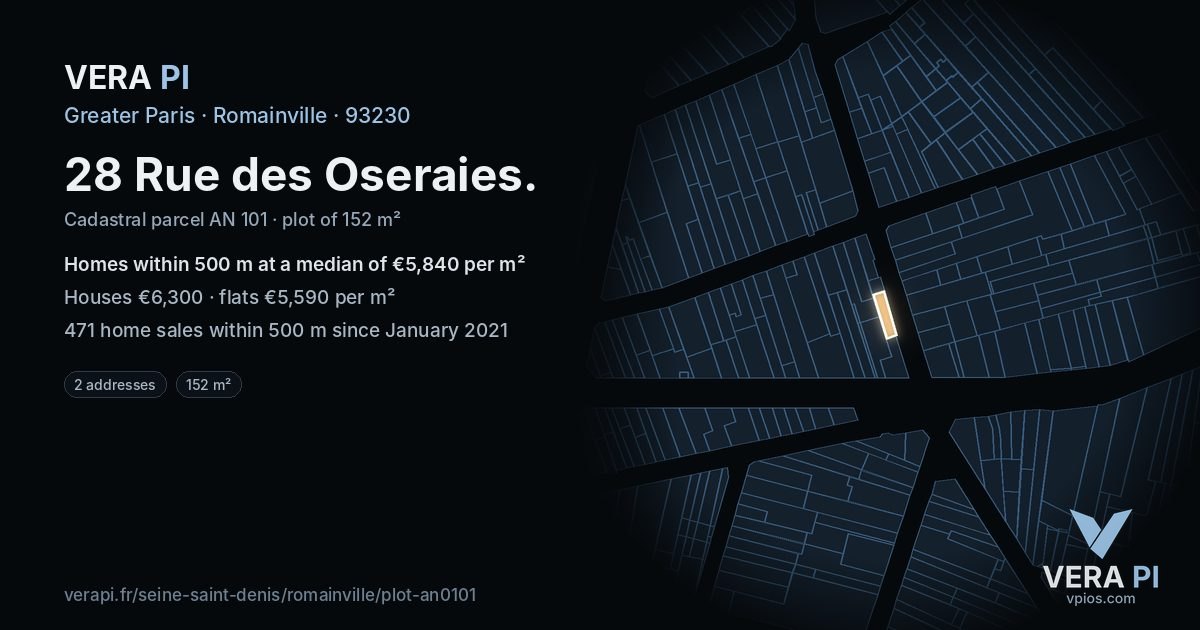 28 Rue des Oseraies, Romainville at night – the plot lit, the parcels around coloured by the prices near them