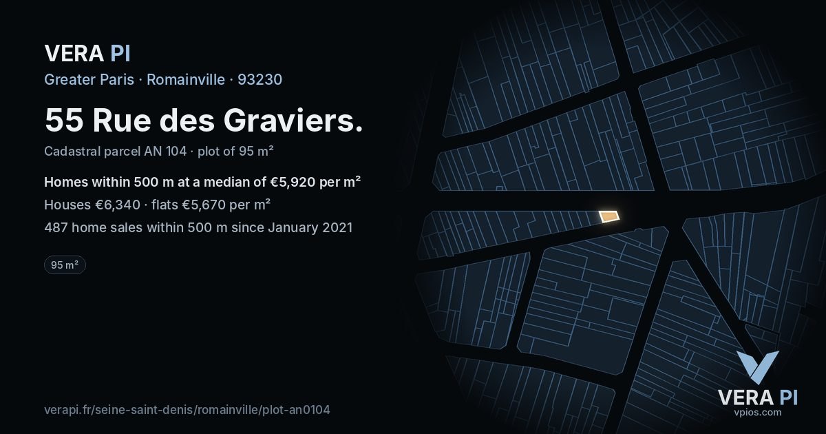 55 Rue des Graviers, Romainville at night – the plot lit, the parcels around coloured by the prices near them