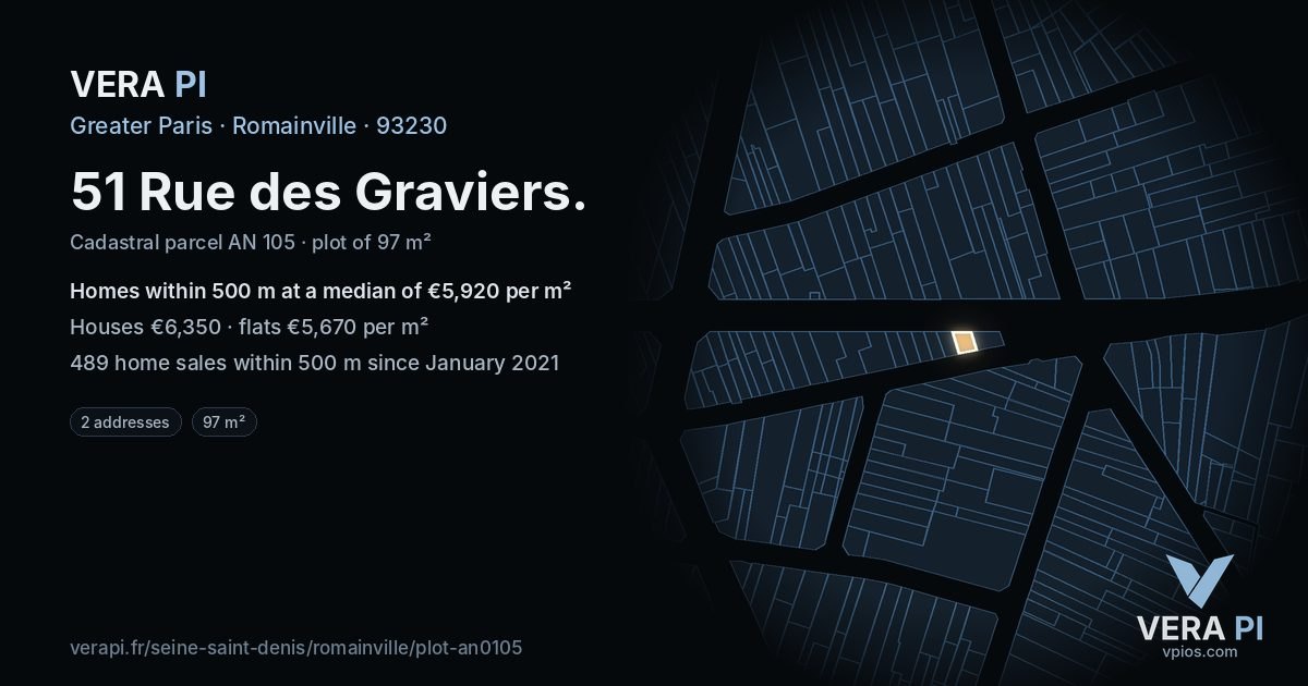 51 Rue des Graviers, Romainville at night – the plot lit, the parcels around coloured by the prices near them
