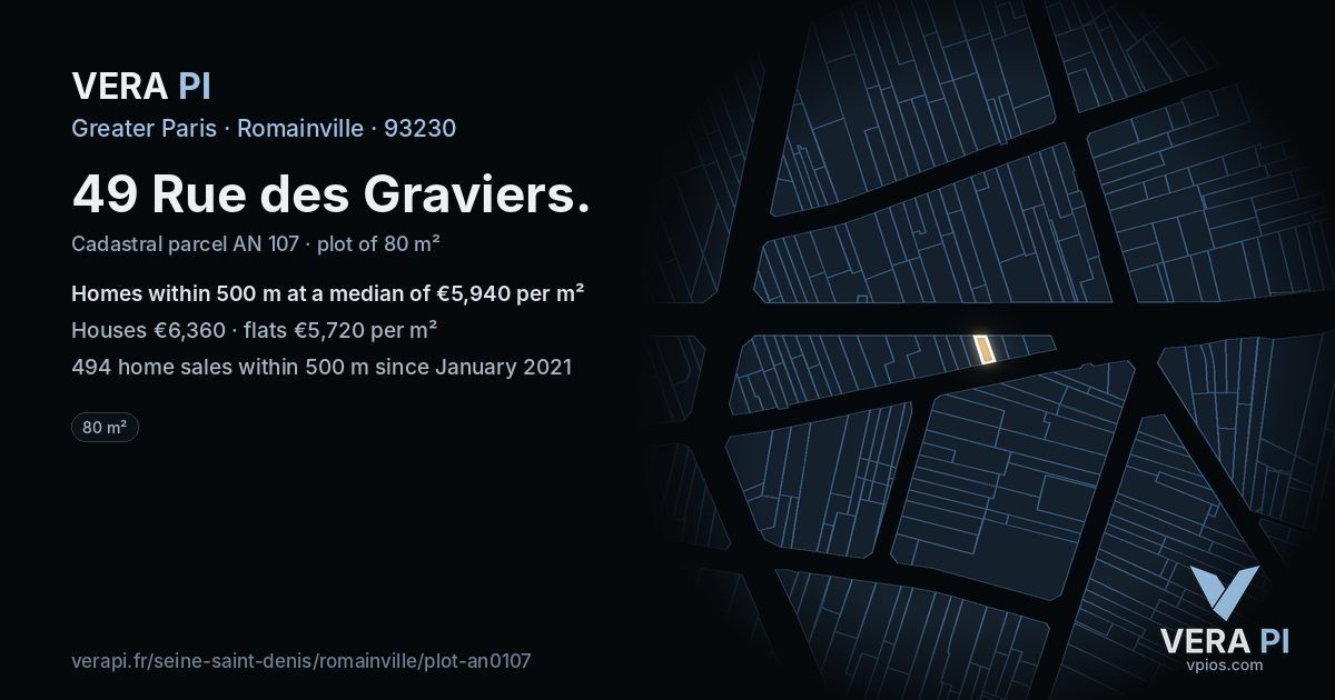 49 Rue des Graviers, Romainville at night – the plot lit, the parcels around coloured by the prices near them
